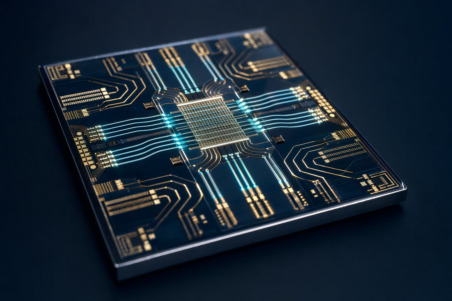 Macro render of a thin-film lithium tantalate photonic integrated circuit with gold waveguides